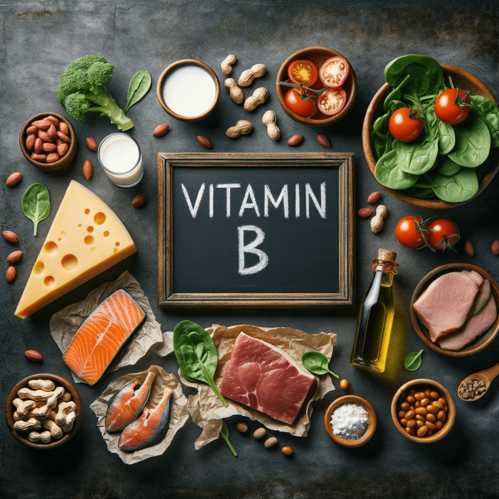 B-Vitamin-reiche Lebensmittel um eine Tafel mit 'Vitamin B', inklusive Lachs, Käse und Nüsse.