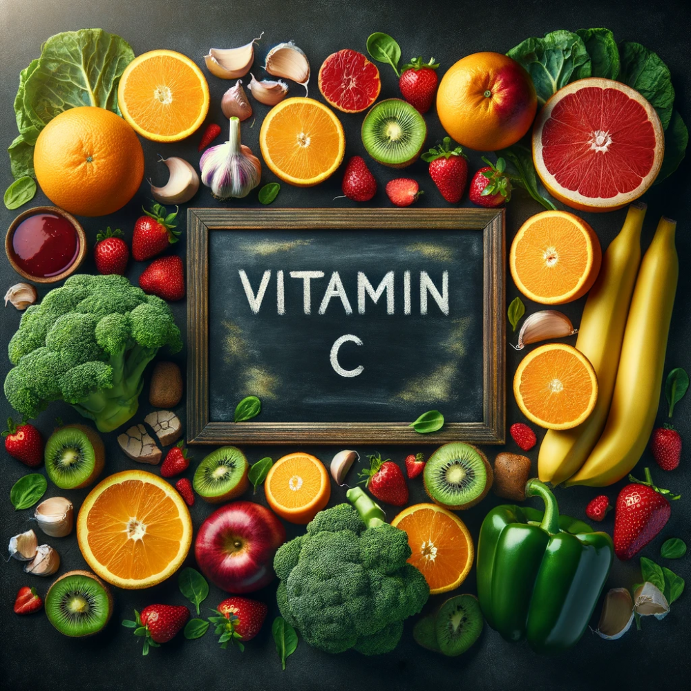 Früchte und Gemüse reich an Vitamin C um eine 'Vitamin C' Tafel, einschließlich Orangen, Kiwis, und Paprika.