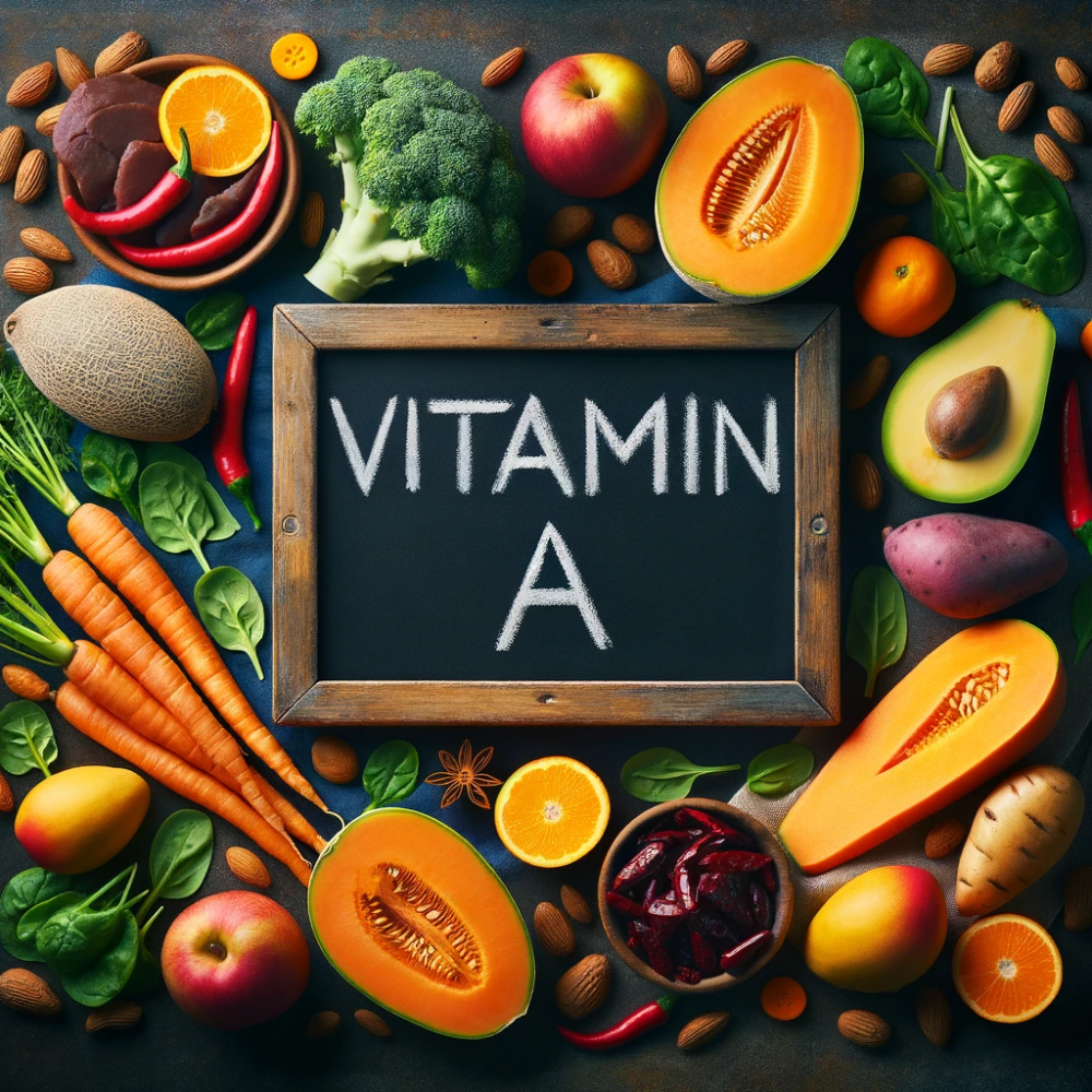Lebensmittel reich an Vitamin A um eine Tafel: Karotten, Spinat, Mangos und Leber, ideal für gesunde Ernährung und Nährstoffaufnahme.