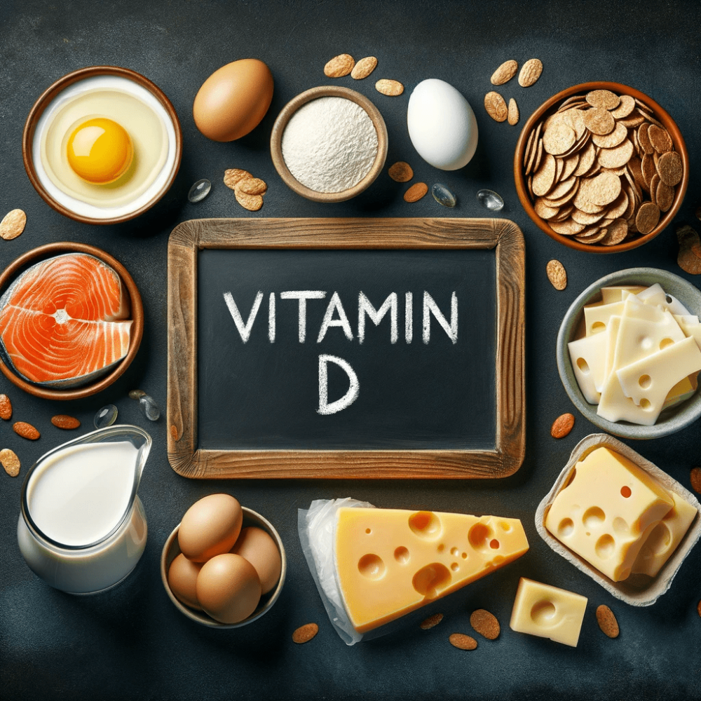 Vitamin D Quellen wie Eier, Lachs, Käse und Milch um ein Schild mit 'Vitamin D' für eine gesunde Ernährung.