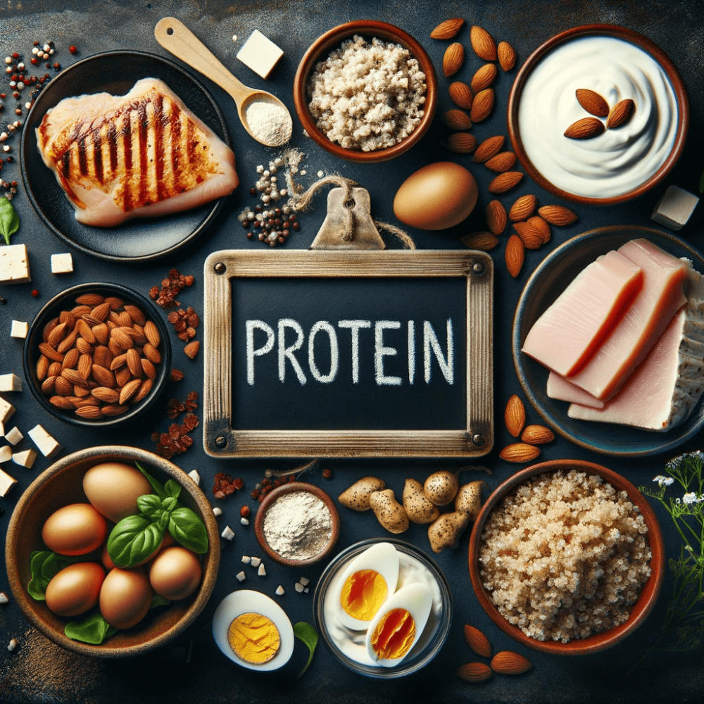Verschiedene proteinreiche Lebensmittel wie Hühnchen, Quinoa, Mandeln und Joghurt um eine 'Protein' Tafel arrangiert.